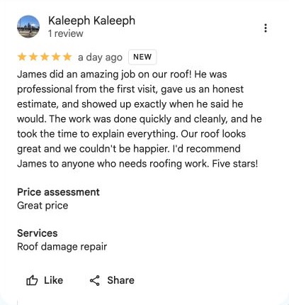 Google Maps screenshot of Kaleeph Kaleeph’s five-star review of Great Roofing and Building, praising James’s communication, estimate and roof work.